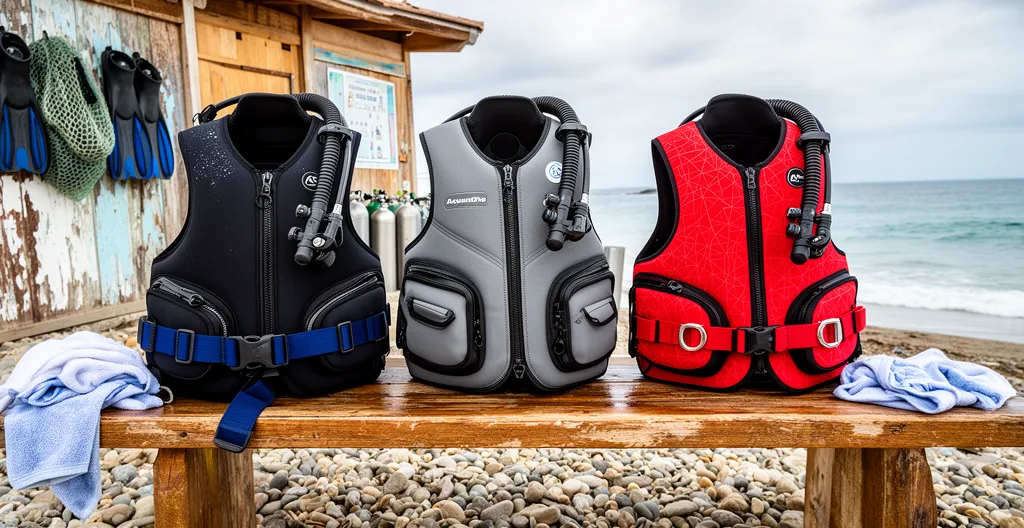Trois gilets de plongée différents alignés sur un banc de préparation en bord de mer