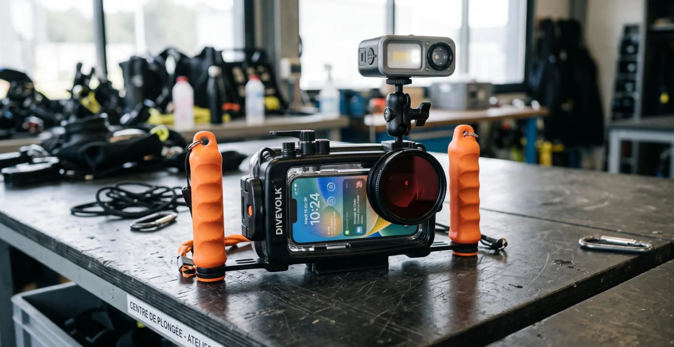 Caisson étanche Divevolk avec smartphone, équipé d'un filtre rouge, poignées flottantes orange et éclairage LED sur bras articulé, posé sur surface en bois foncé