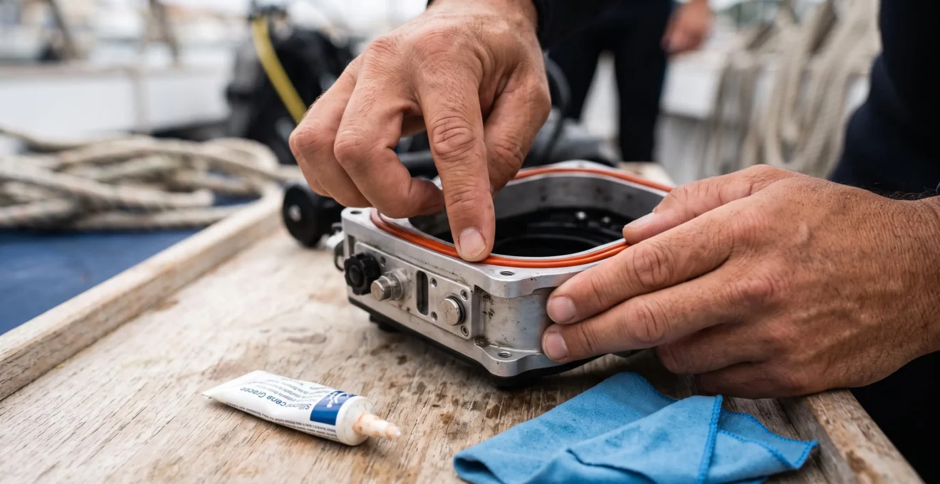 Gros plan sur les mains d'un plongeur inspectant le joint torique orange d'un caisson étanche Divevolk ouvert, tube de graisse silicone à côté, table de travail en bois clair
