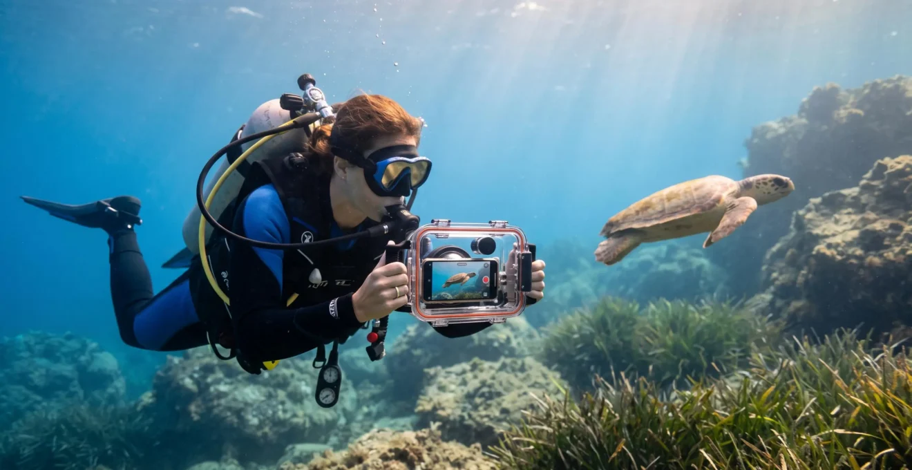 Plongeur en Méditerranée photographiant une tortue marine avec un smartphone dans un caisson étanche transparent Divevolk, eau bleue claire, profondeur 15-20 mètres, rayons de soleil naturels