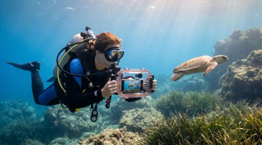 Plongeur en Méditerranée photographiant une tortue marine avec un smartphone dans un caisson étanche transparent Divevolk, eau bleue claire, profondeur 15-20 mètres, rayons de soleil naturels